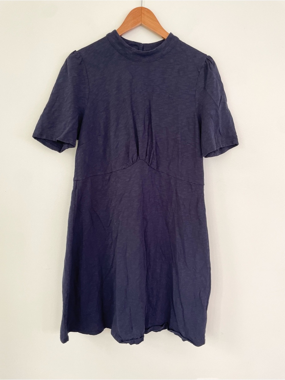 Boden Mock Neck Jersey Mini Dress Navy Blue Short Sleeve 14R Empire Waist
